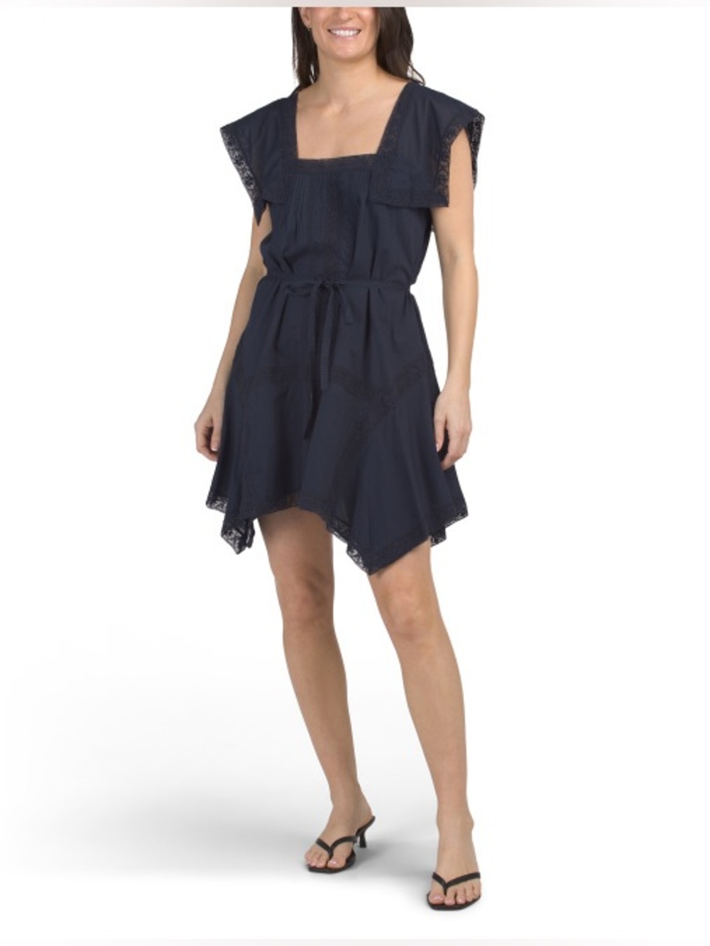 Rebecca Taylor Navy Lace-Trim Handkerchief-Hem Mini Dress (Back Detail)